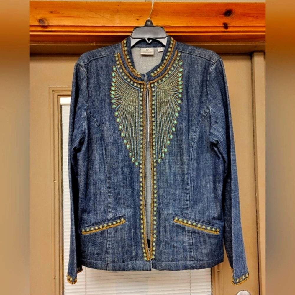 Chico's brand exquisitely beaded denim women's jacket.  Chico Size 2=Size 12/L.